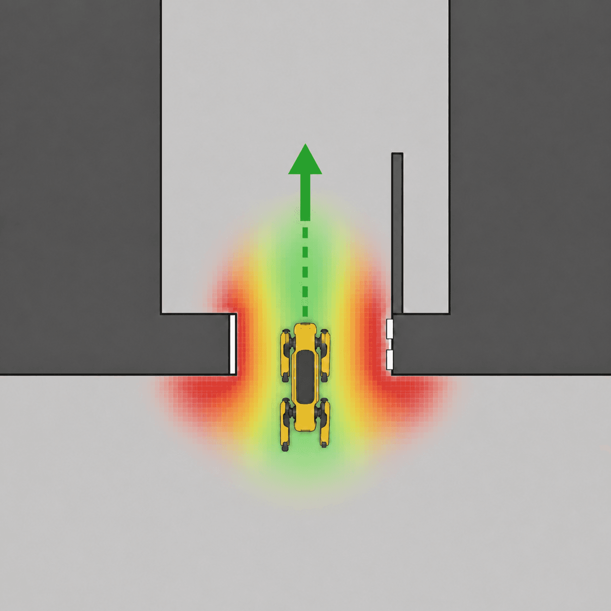 Top-down view of a quadruped robot opening a door