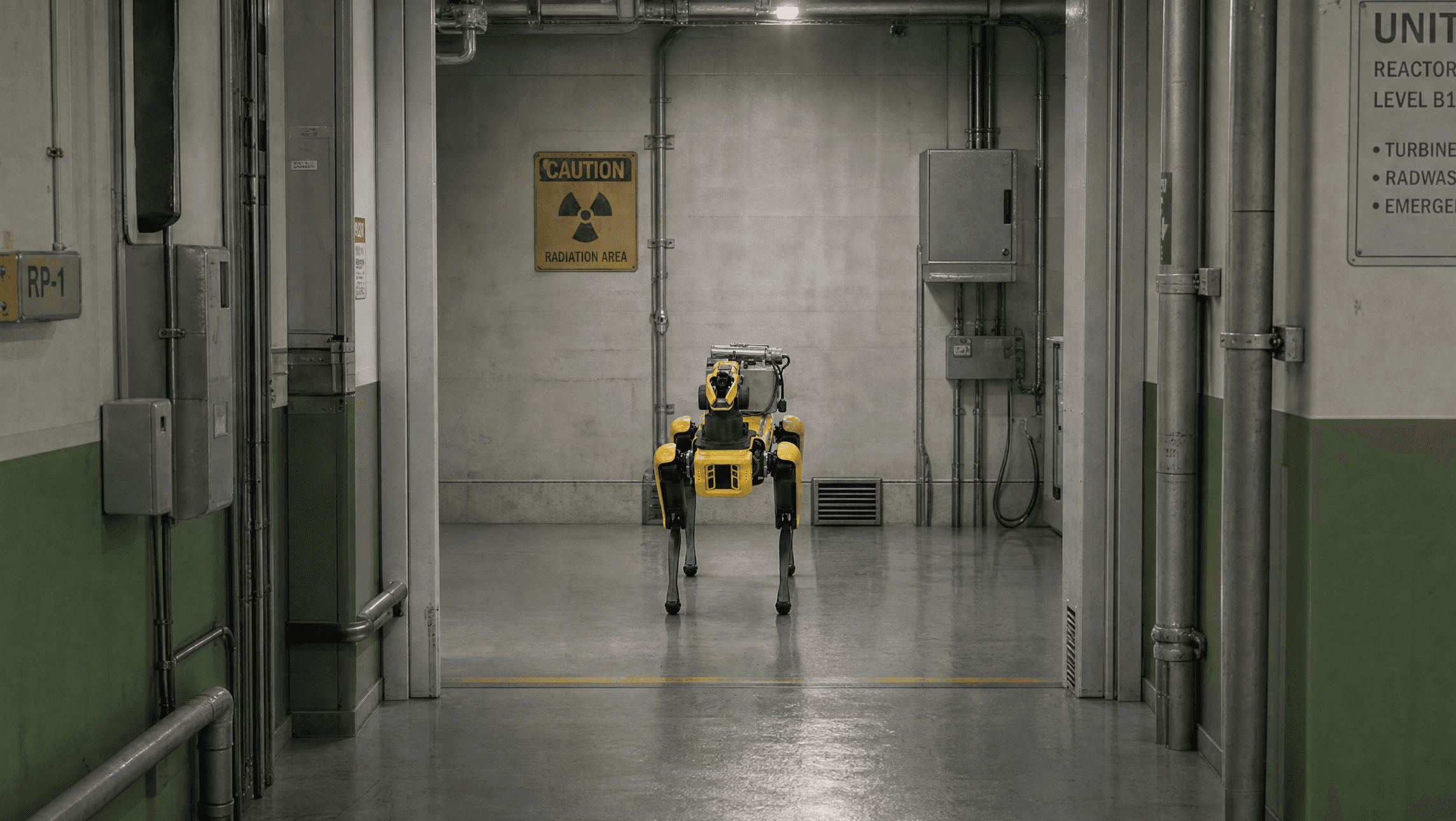 Quadruped robot operating in a nuclear facility hallway